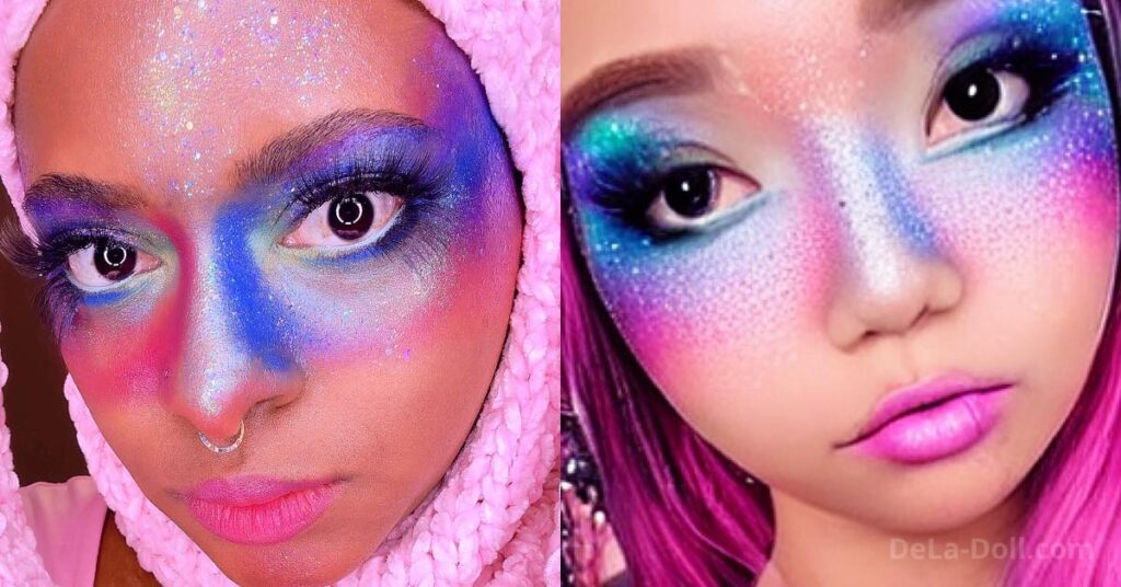 side by side image of a Black woman with colorful makeup on next to an AI generated image of the same makeup look.