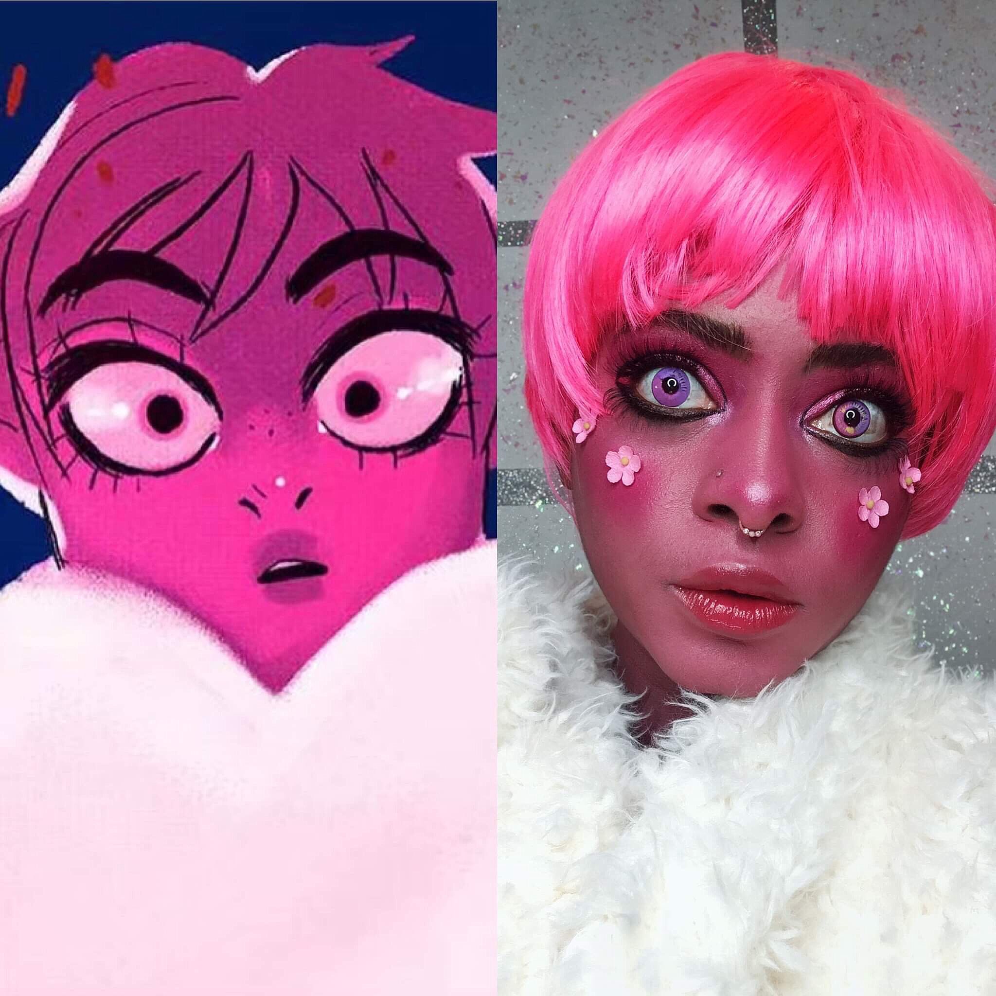 A side-by-side comparison of DeLa Doll's Persephone cosplay next to the character from the Lore Olympus webseries