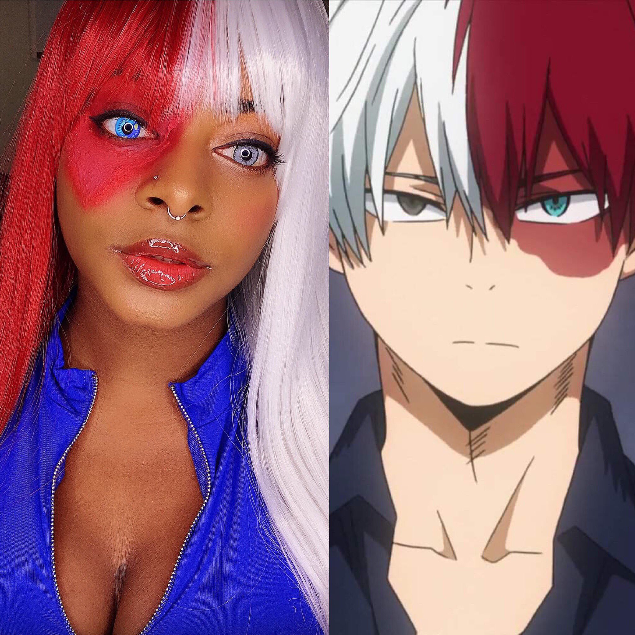 A side-by-side comparison of DeLa Doll's Todoroki cosplay next to the actual character from My Hero Academia