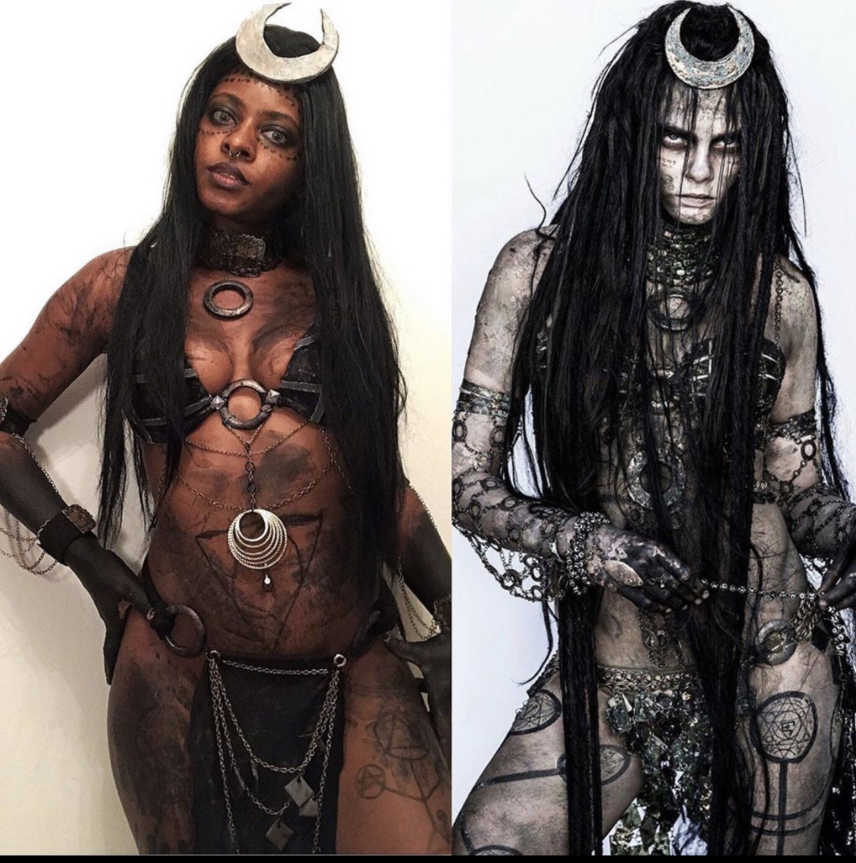 A side-by-side comparison of DeLa Doll's Enchantress cosplay next to the actual Enchantress character from the Suicide Squad movie